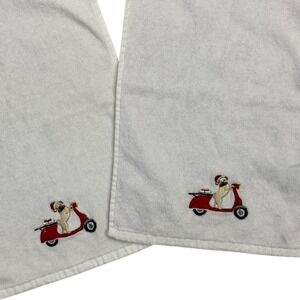 Vtg Avanti Hand Towels Set Pug Dog On Scooter White Santa Christmas Embroidery